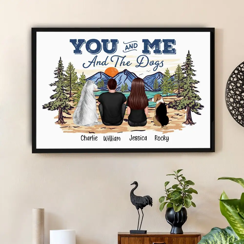 Couple with Dogs Poster Print, Scenic Mountain Landscape Design, Heartwarming Home Wall Art - Image 2
