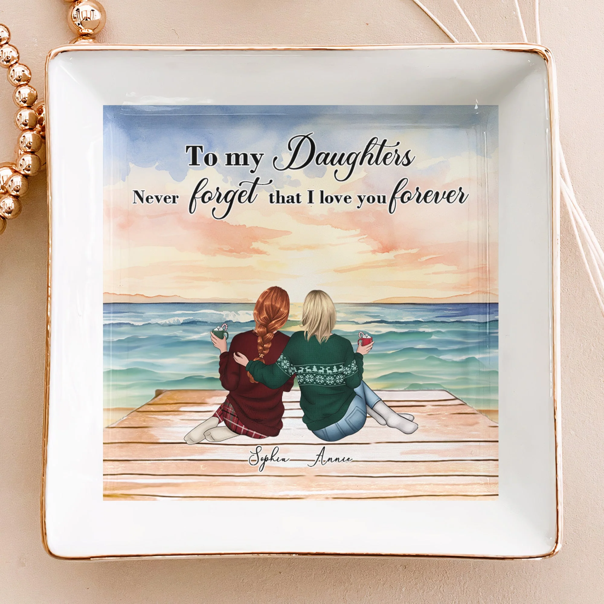 Jewelry Dish with Mother-Daughter Beach Illustration, Heartfelt Keepsake of Love and Affection - Image 3