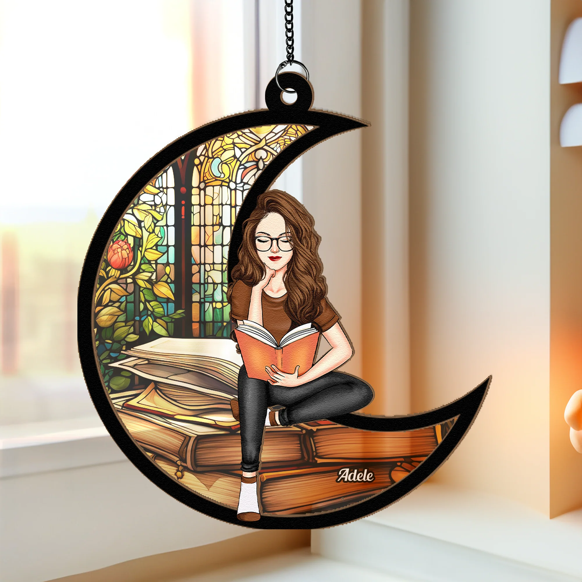 Book Lover Ornament with Stained Glass Window, Reading Girl Sitting on Crescent Moon, Cozy Home Décor Gift for Readers - Image 2