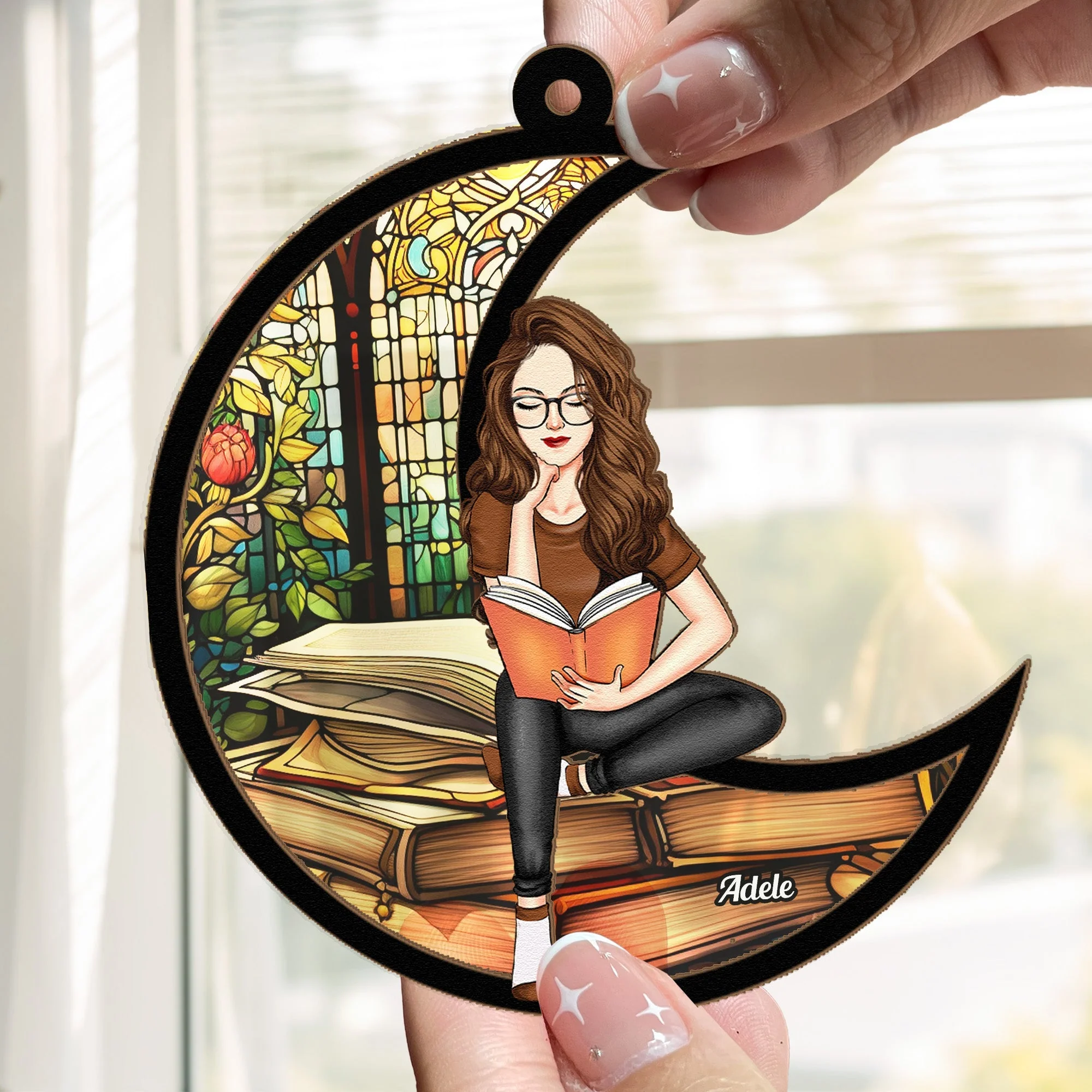 Book Lover Ornament with Stained Glass Window, Reading Girl Sitting on Crescent Moon, Cozy Home Décor Gift for Readers - Image 6