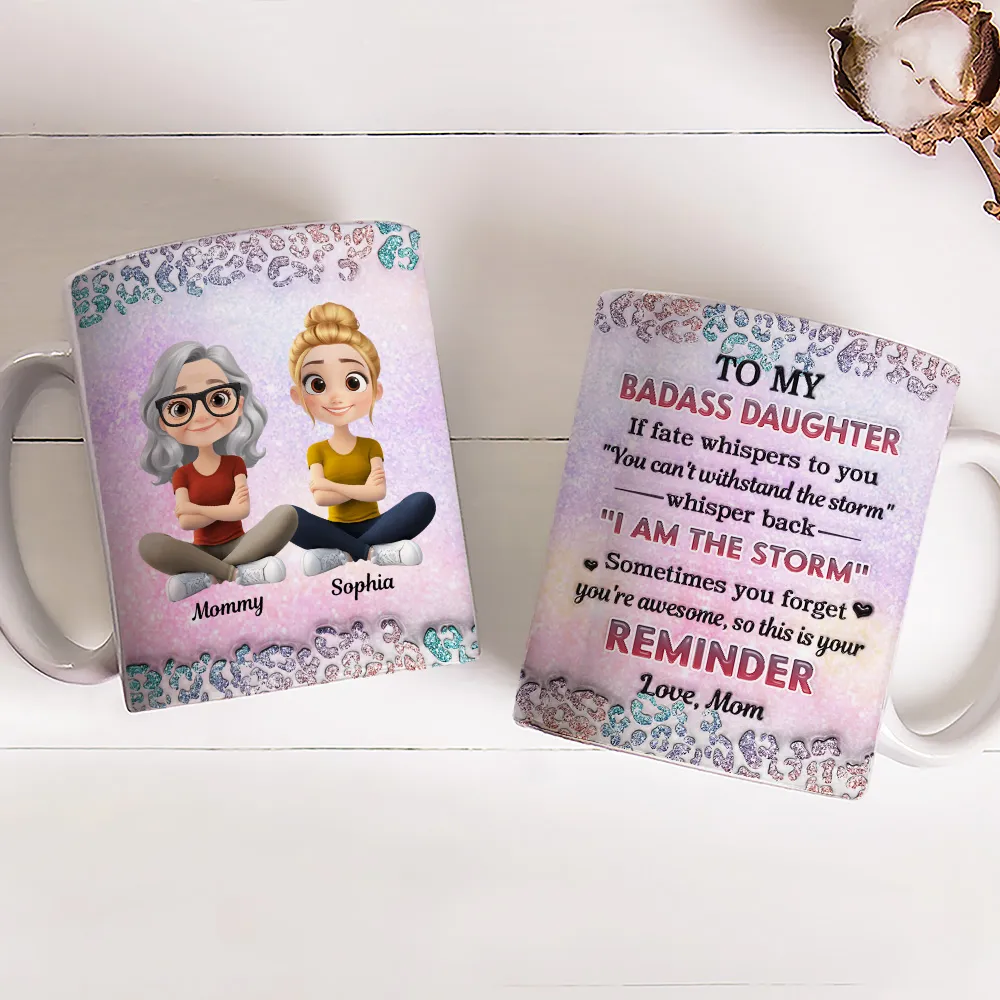 To My Daughter White Ceramic Mug with Cartoon Mom and Daughter Illustration, Sentimental Quote Design, Perfect Gift for Family Love - Image 4