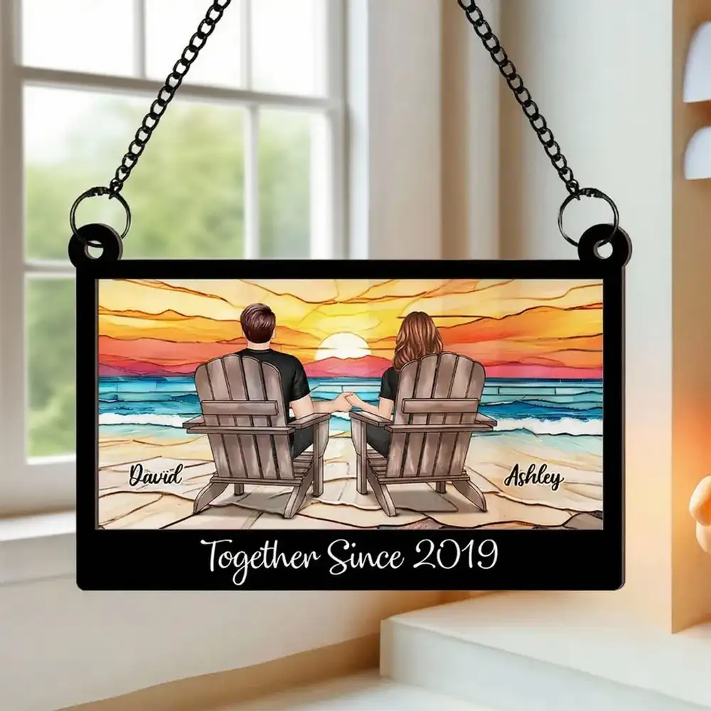 Wood and Acrylic Layered Ornament with Couple Holding Hands on Beach Chairs, Sunset Scene, Perfect Gift for Love and Home Décor
