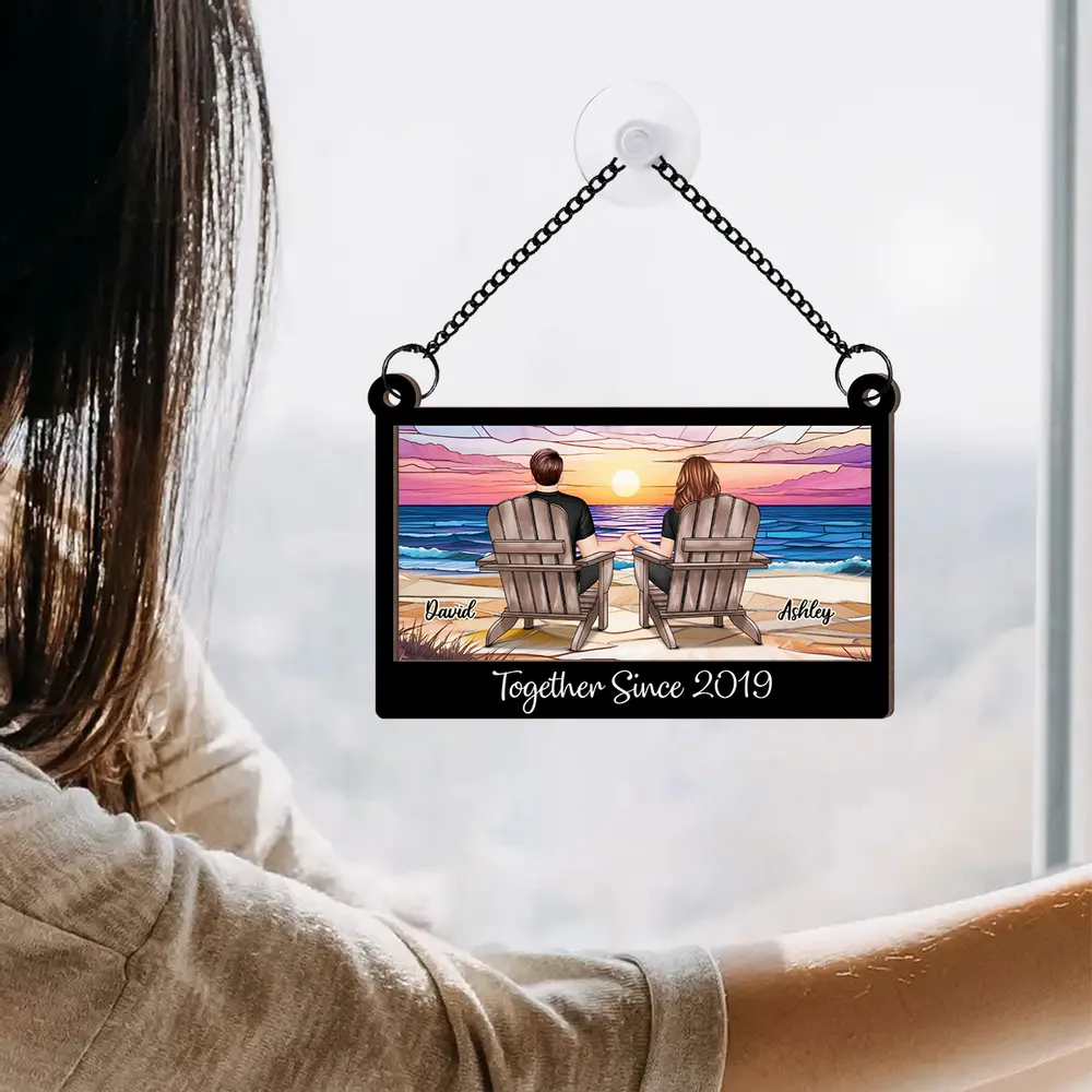 Wood and Acrylic Layered Ornament with Couple Holding Hands on Beach Chairs, Sunset Scene, Perfect Gift for Love and Home Décor - Image 4