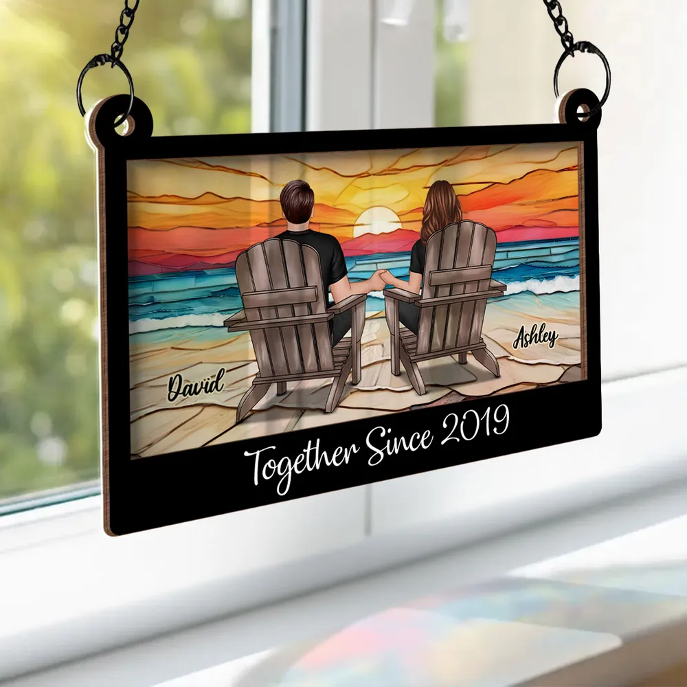 Wood and Acrylic Layered Ornament with Couple Holding Hands on Beach Chairs, Sunset Scene, Perfect Gift for Love and Home Décor - Image 6
