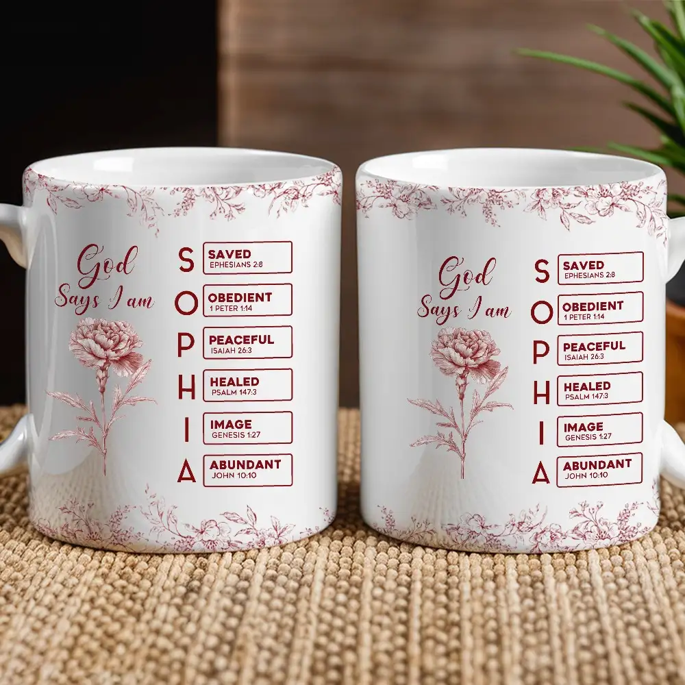 White Ceramic Mug with Bible Verses and Blue Floral Design, Faithful and Heartwarming Gift - Image 4