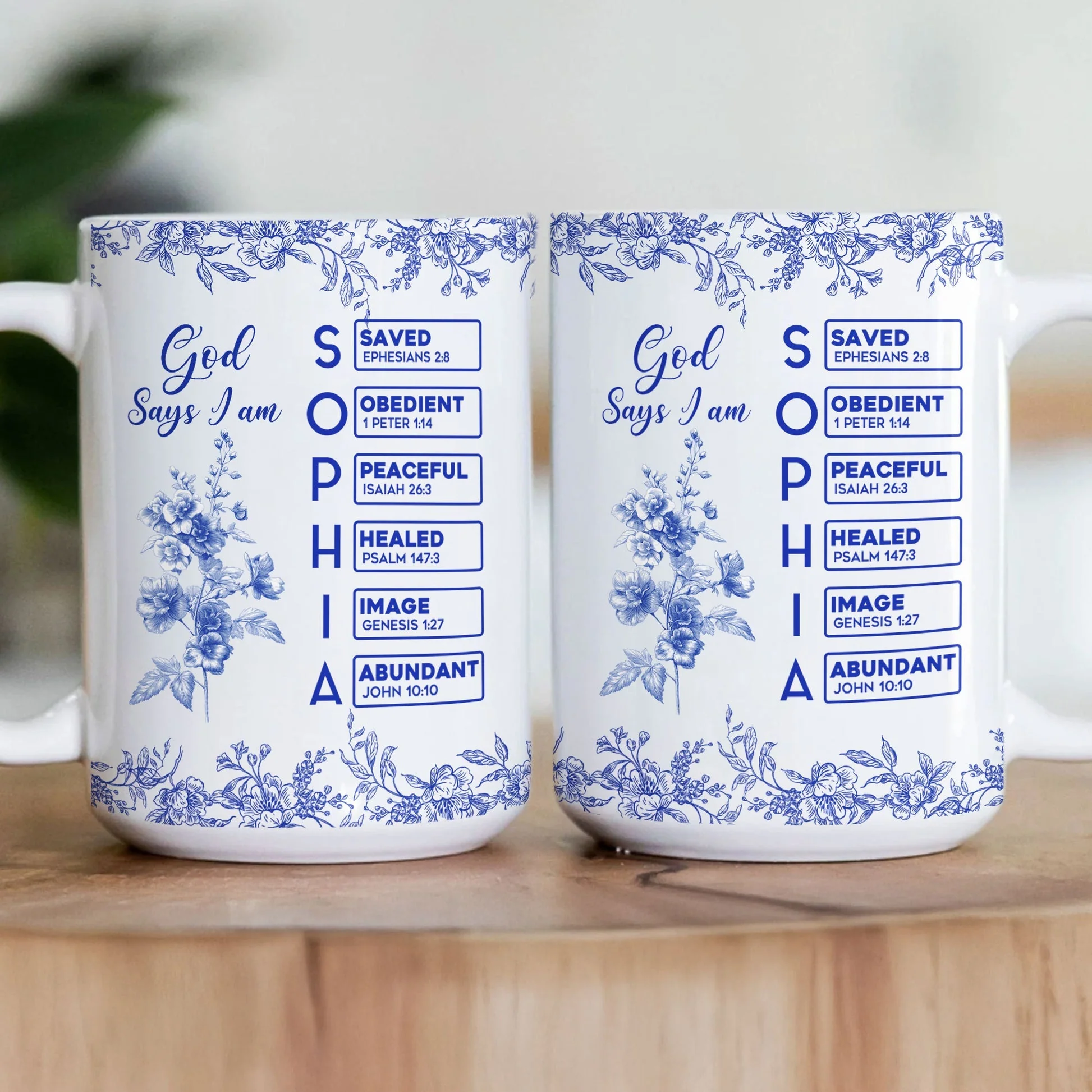 White Ceramic Mug with Bible Verses and Blue Floral Design, Faithful and Heartwarming Gift - Image 5