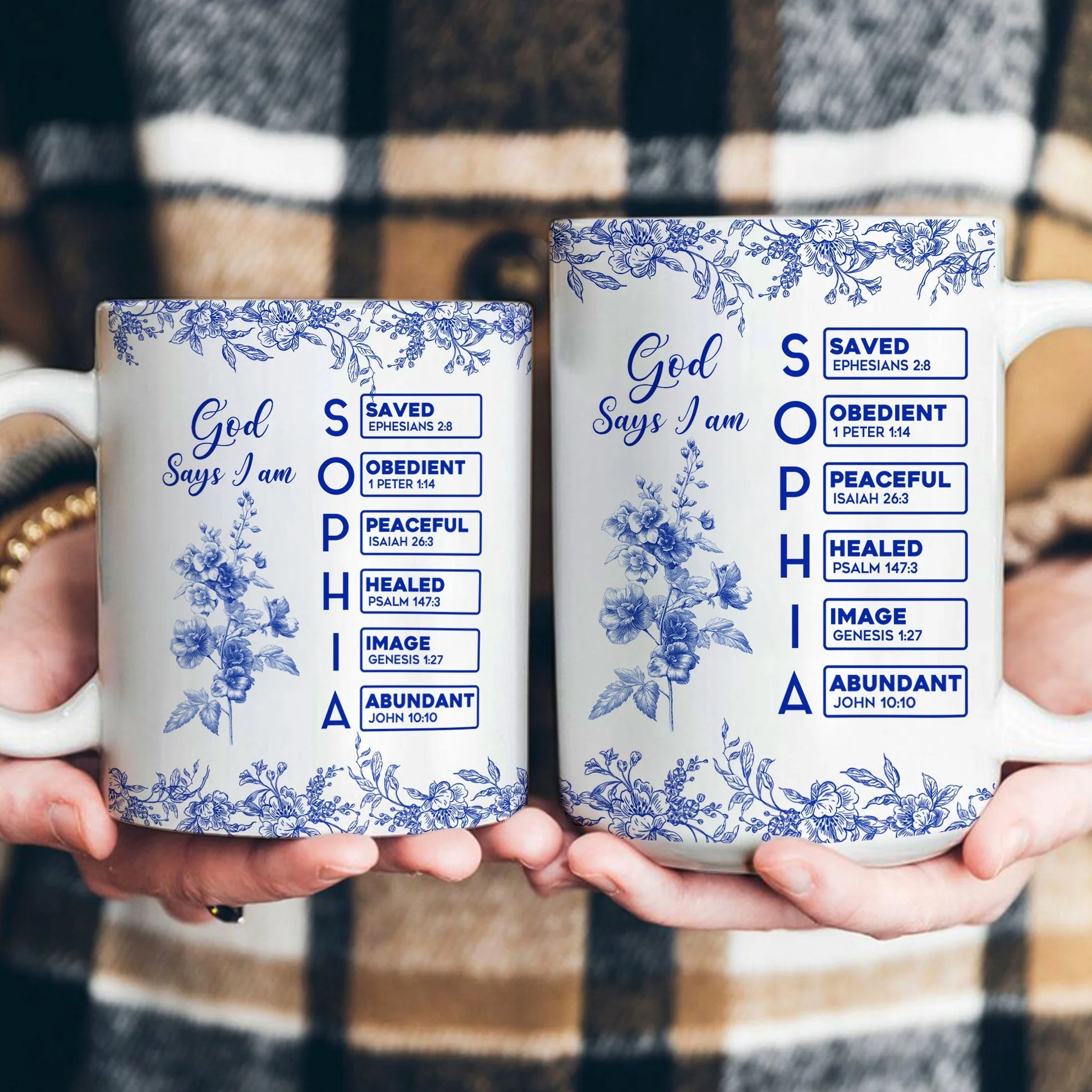 White Ceramic Mug with Bible Verses and Blue Floral Design, Faithful and Heartwarming Gift - Image 6