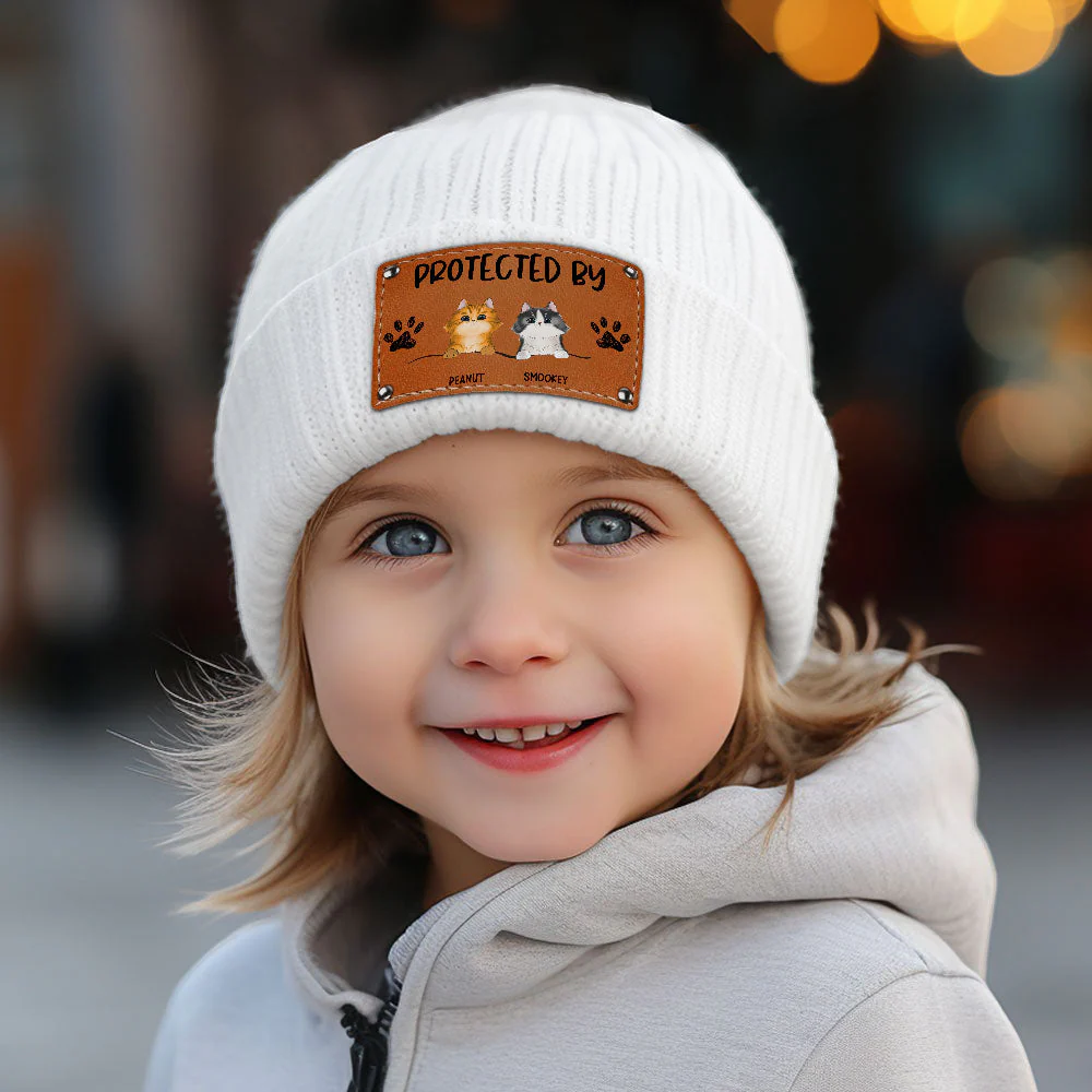 Custom Leather Patch Beanie Hat with Dog & Cat Design - Image 3