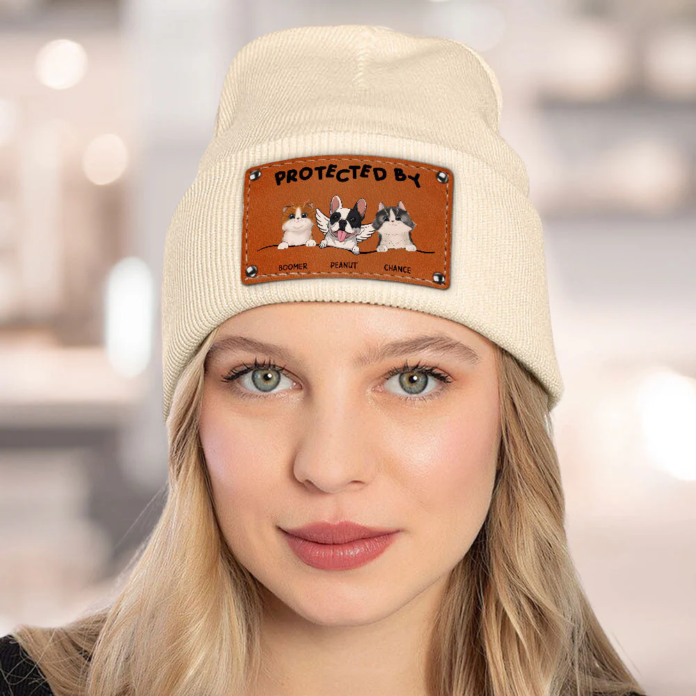Custom Leather Patch Beanie Hat with Dog & Cat Design - Image 4