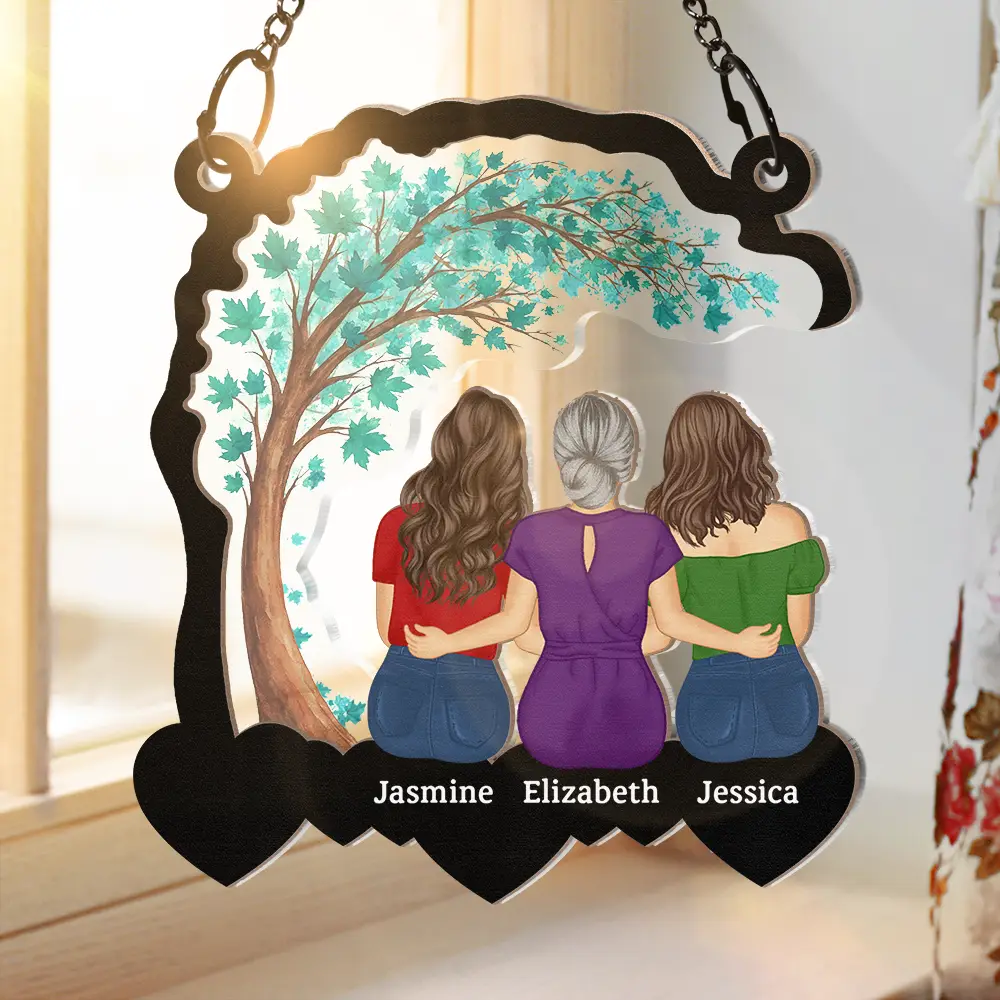 Wood and Acrylic Layered Ornament with Mother and Daughters Back View, Warm Family Bond Design, Perfect Gift for Women and Sisters - Image 2