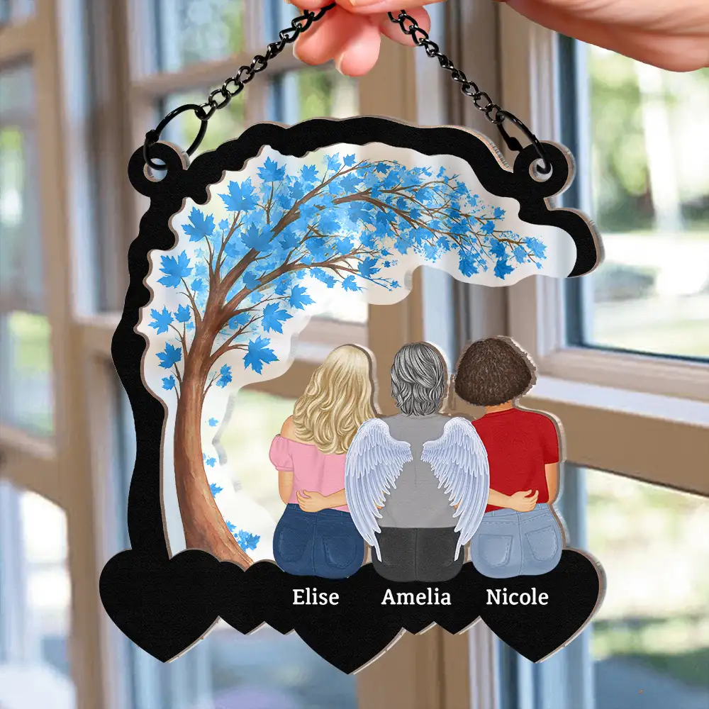 Wood and Acrylic Layered Ornament with Mother and Daughters Back View, Warm Family Bond Design, Perfect Gift for Women and Sisters - Image 3