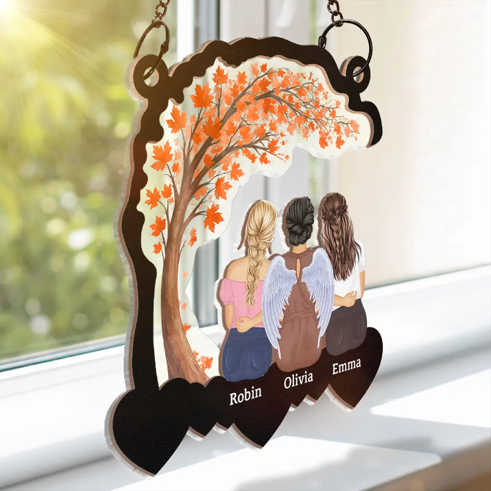 Wood and Acrylic Layered Ornament with Mother and Daughters Back View, Warm Family Bond Design, Perfect Gift for Women and Sisters - Image 4