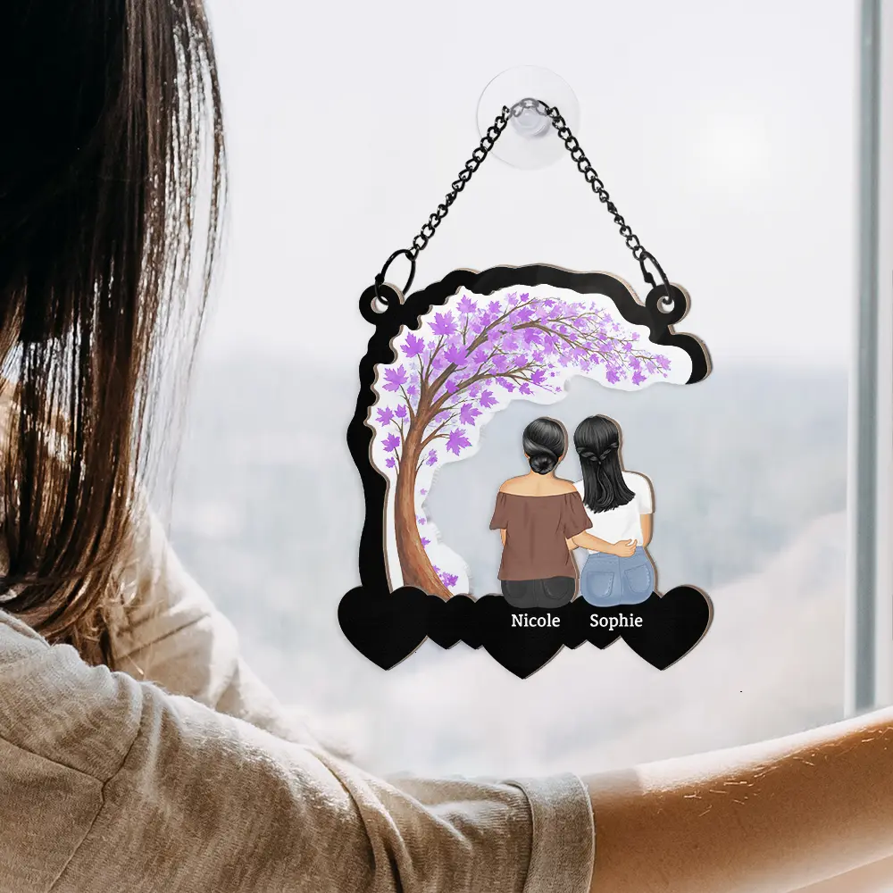 Wood and Acrylic Layered Ornament with Mother and Daughters Back View, Warm Family Bond Design, Perfect Gift for Women and Sisters - Image 5