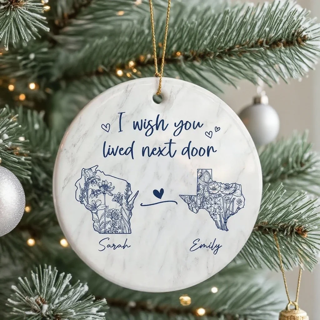 Ceramic Ornament with State Map Friendship Design, Clear Smooth Finish, Perfect Keepsake and Surprise Gift