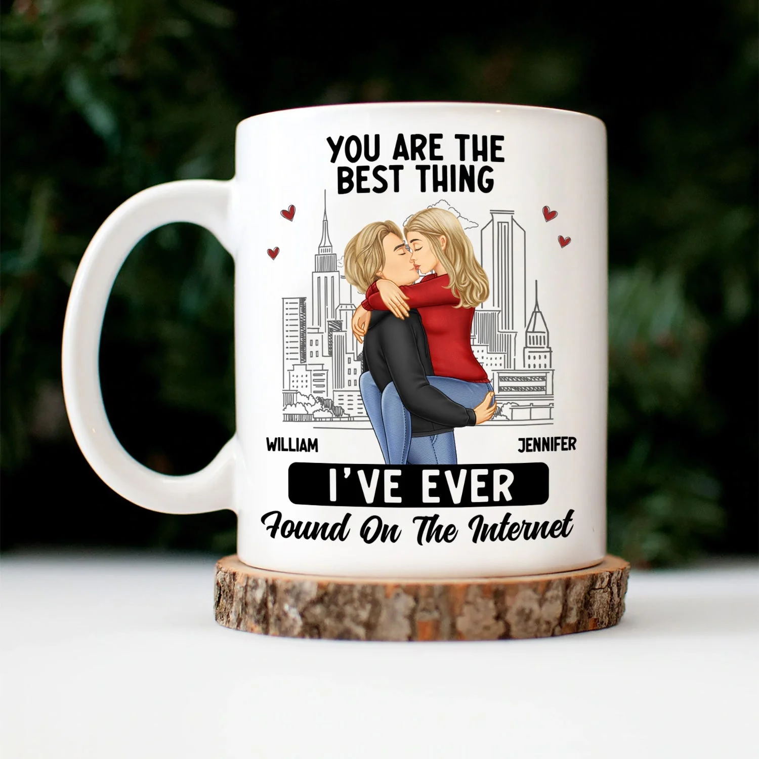 White Ceramic Mug with Couple Hug Design, Cityscape Background, Romantic Vibe, Perfect Gift for Lovers - Image 5