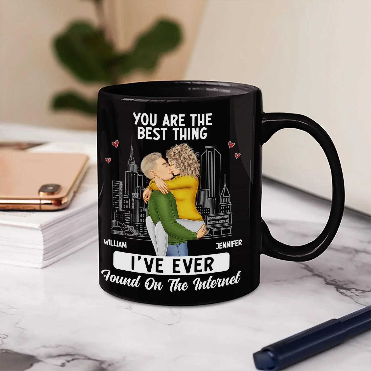 White Ceramic Mug with Couple Hug Design, Cityscape Background, Romantic Vibe, Perfect Gift for Lovers - Image 6