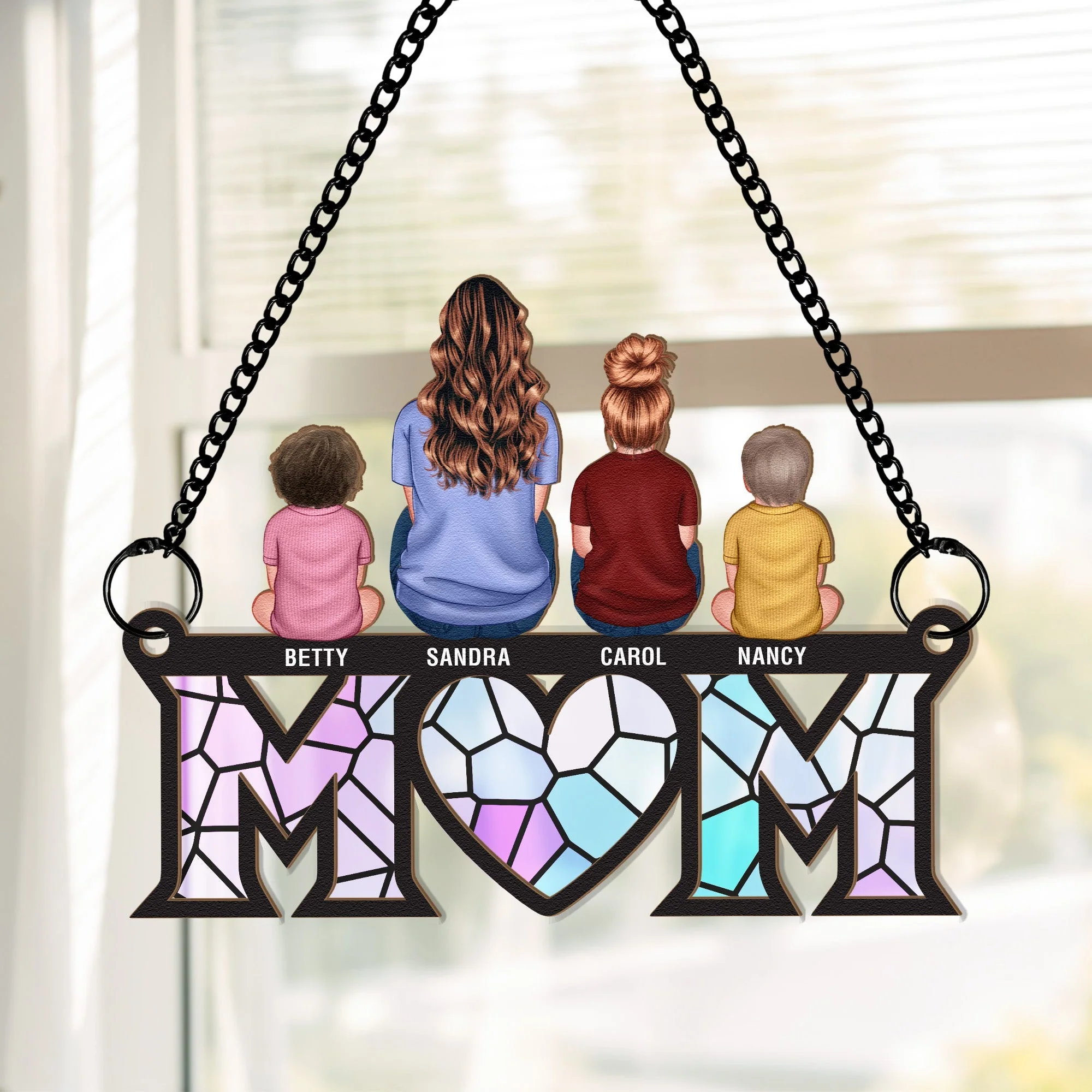 Wood and Acrylic Layered Ornament with Mom and Children Back View, High Clarity, Heartwarming Gift for Family - Image 3