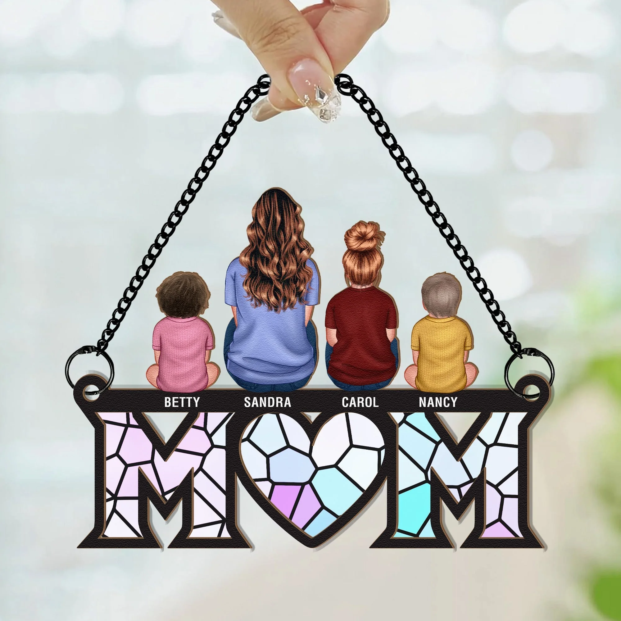 Wood and Acrylic Layered Ornament with Mom and Children Back View, High Clarity, Heartwarming Gift for Family - Image 4