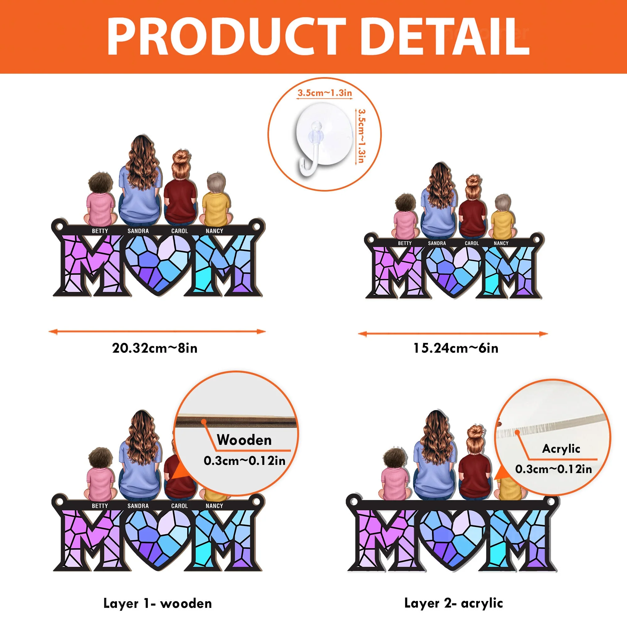 Wood and Acrylic Layered Ornament with Mom and Children Back View, High Clarity, Heartwarming Gift for Family - Image 6