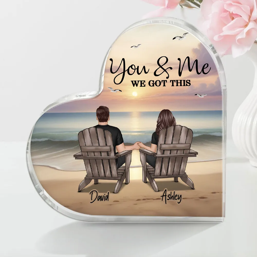 Heart Acrylic Block Plaque with You & Me Couple Back View on Beach, High Clarity, Romantic Keepsake Gift - Image 3