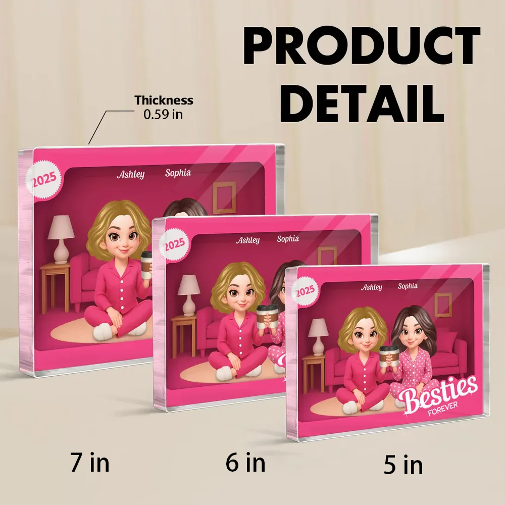 Rectangle Acrylic Block Plaque with Besties Forever Theme, Pajama Illustration, Clear Finish, Perfect Surprise Gift for Friends - Image 6