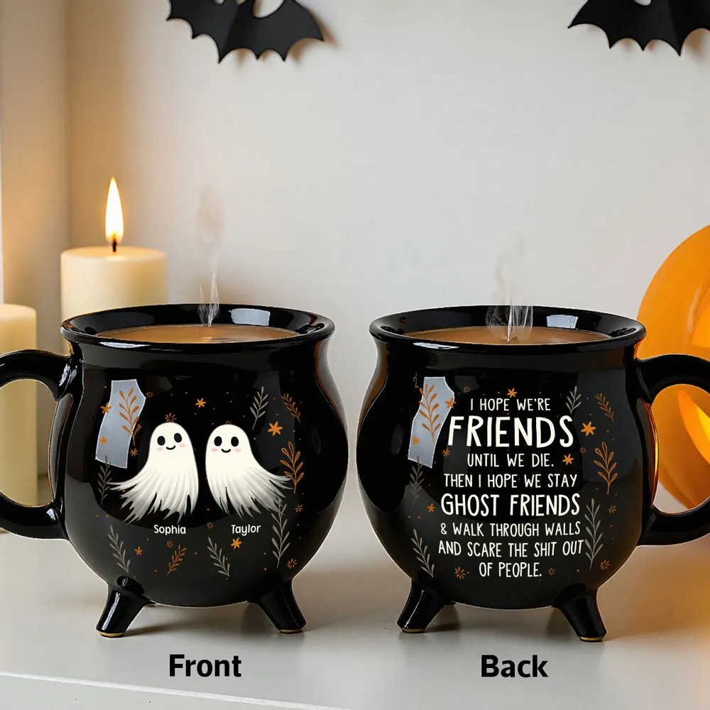 Personalized Ceramic Cauldron Coffee Mug with Ghost Illustration, Holiday Party Gift