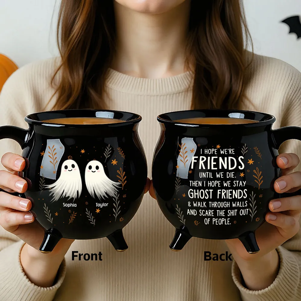 Personalized Ceramic Cauldron Coffee Mug with Ghost Illustration, Holiday Party Gift - Image 2
