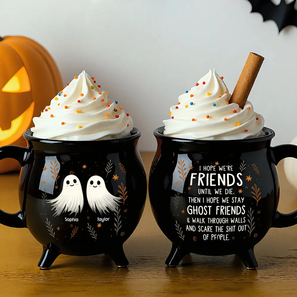 Personalized Ceramic Cauldron Coffee Mug with Ghost Illustration, Holiday Party Gift - Image 4