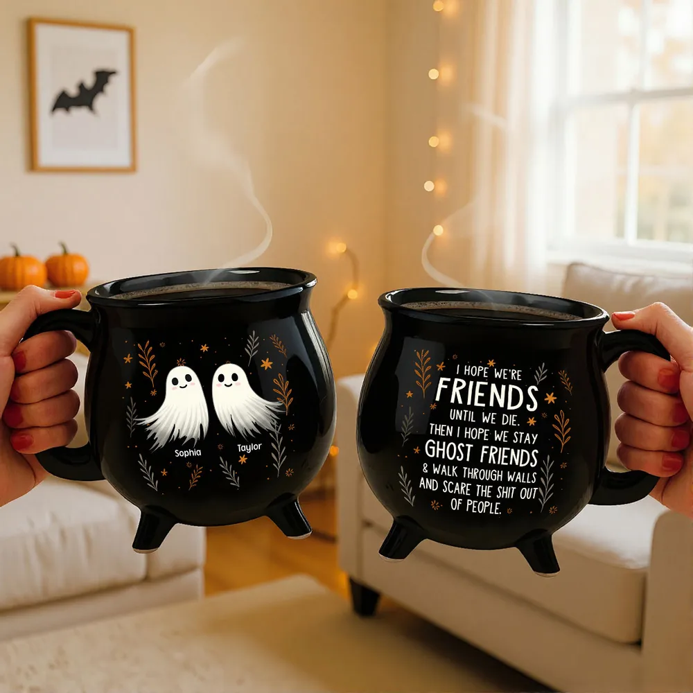 Personalized Ceramic Cauldron Coffee Mug with Ghost Illustration, Holiday Party Gift - Image 6
