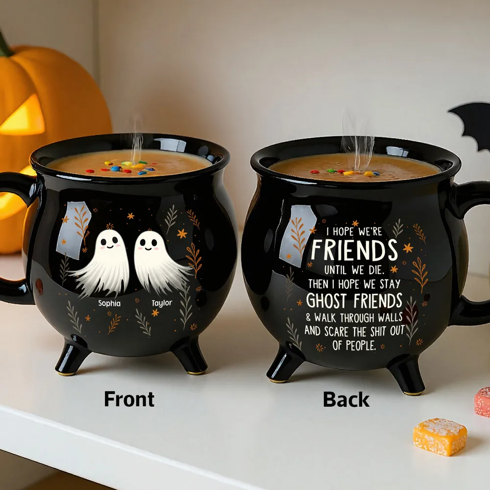 Personalized Ceramic Cauldron Coffee Mug with Ghost Illustration, Holiday Party Gift - Image 7