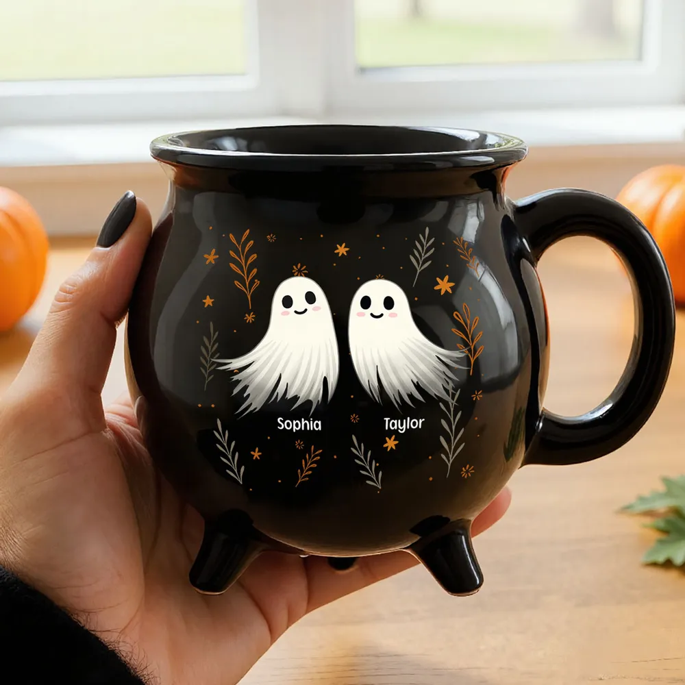 Personalized Ceramic Cauldron Coffee Mug with Ghost Illustration, Holiday Party Gift - Image 8