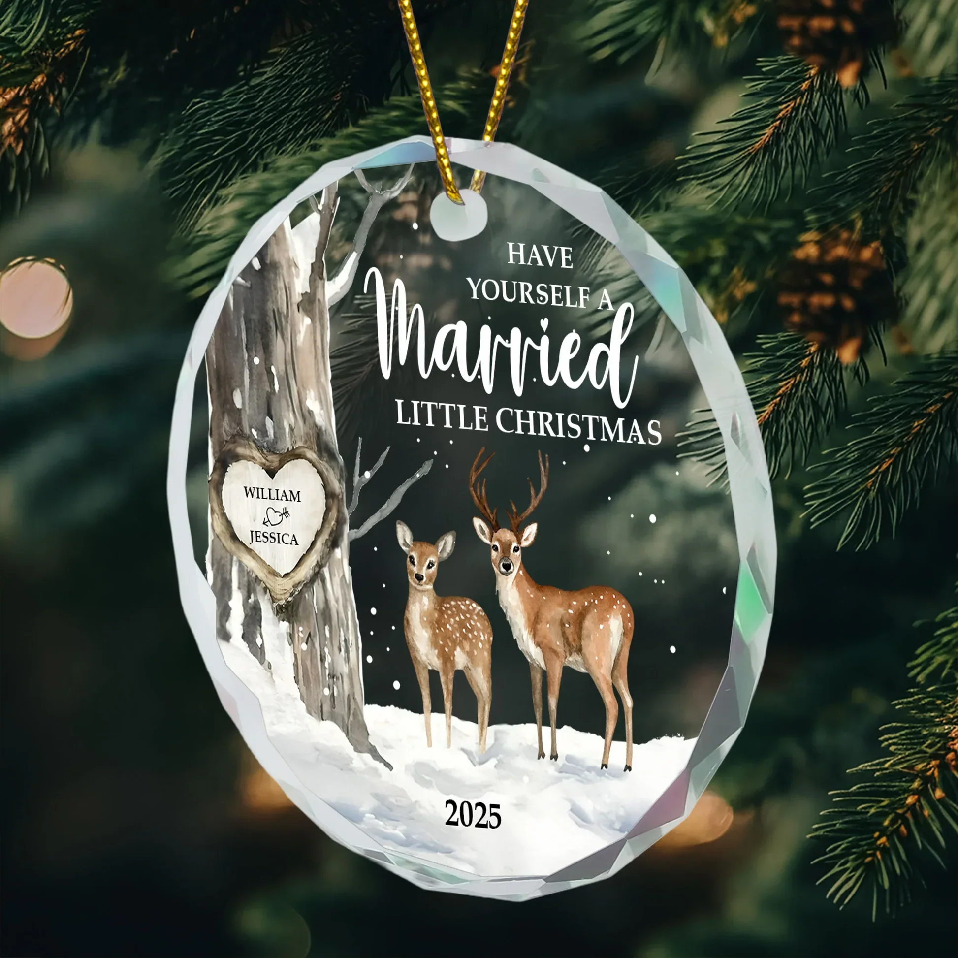 Crystal Ornament with Deer in Snowy Forest, Married Christmas Theme, Heartfelt Holiday Decoration, Perfect Gift for Couples - Image 3