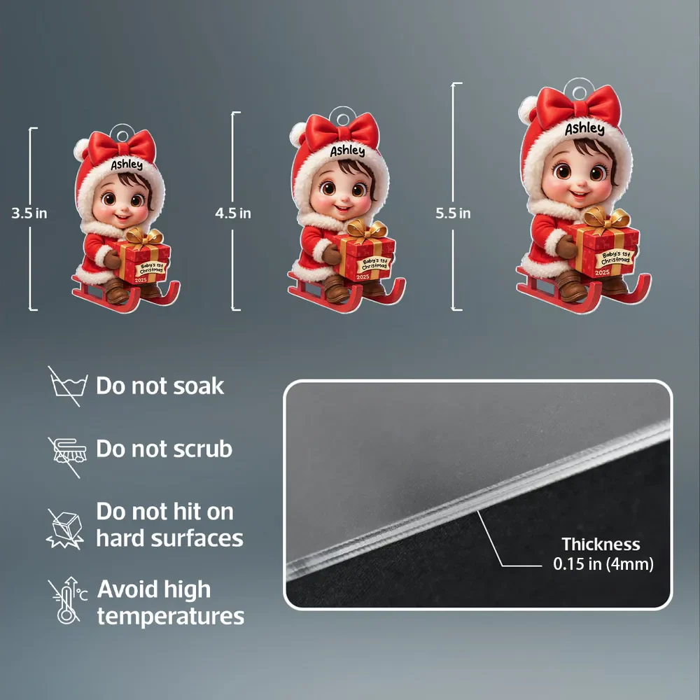 Acrylic Ornament with Baby in Santa Outfit on Sleigh, High Clarity, Heartwarming Christmas Gift - Image 8