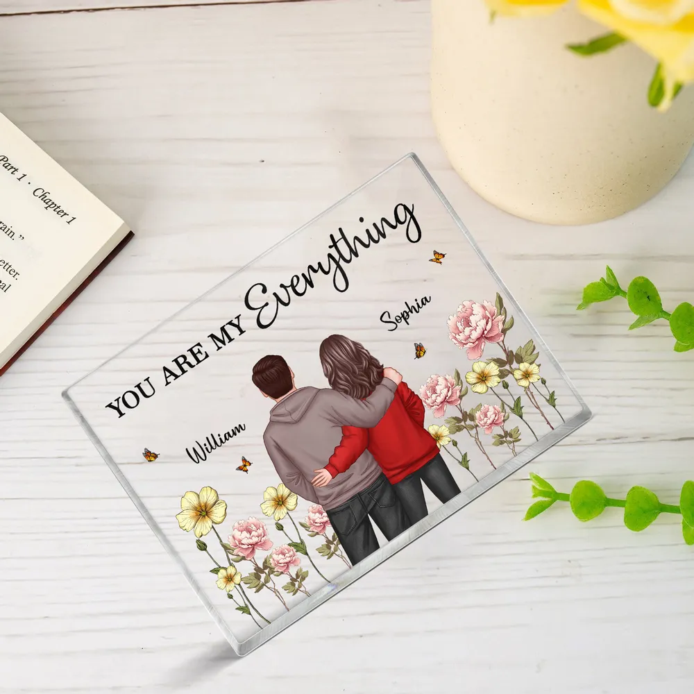 Rectangle Acrylic Block Plaque with Couple Back View and Monthly Flowers, High Clarity, Heartwarming Gift for Lovers - Image 3