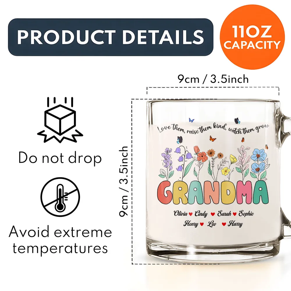 Glass Mug with Grandma Floral Theme, High Clarity, Heartwarming Gift for Grandmother - Image 5