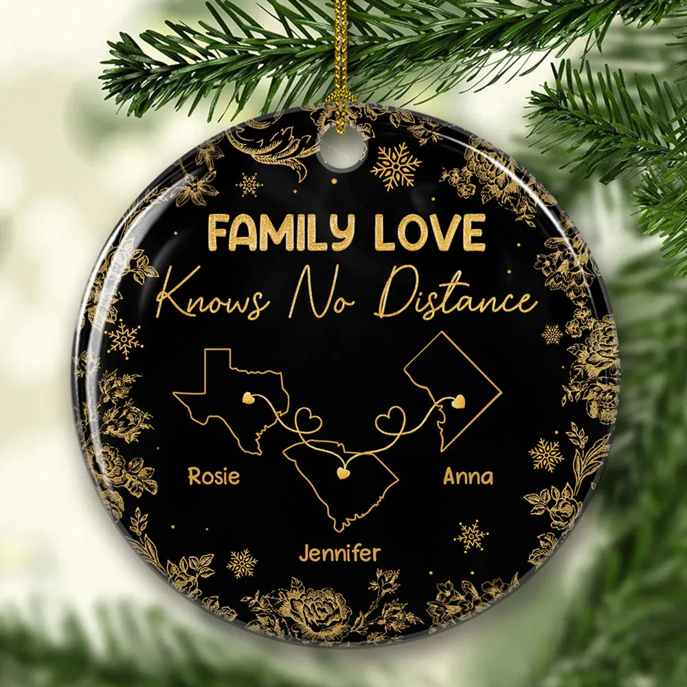Family Love Knows No Distance - Personalized Ceramic Ornament with Map and Quote, Heartwarming Family Gift - Image 2