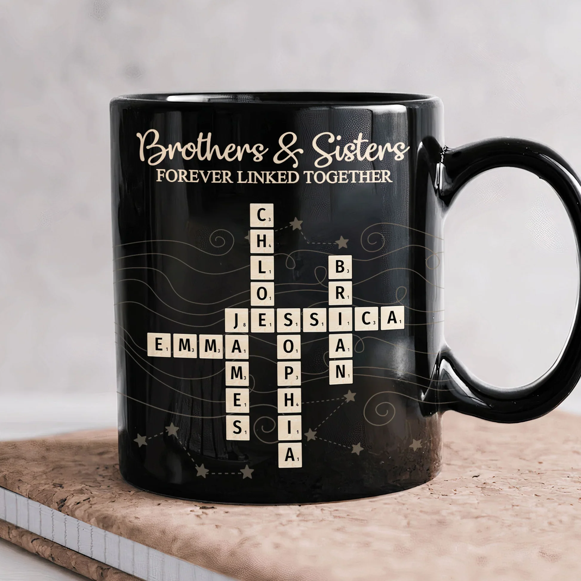 Full Color Mug with Brothers & Sisters Crossword Theme, High Clarity, Fun and Sentimental Gift for Family - Image 3
