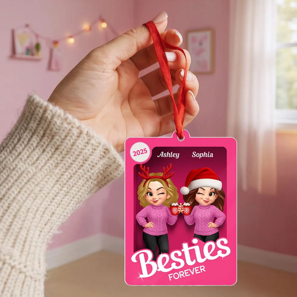 Christmas Besties Forever Pink 3D Effect Action Figure Personalized Acrylic Ornament - Image 5