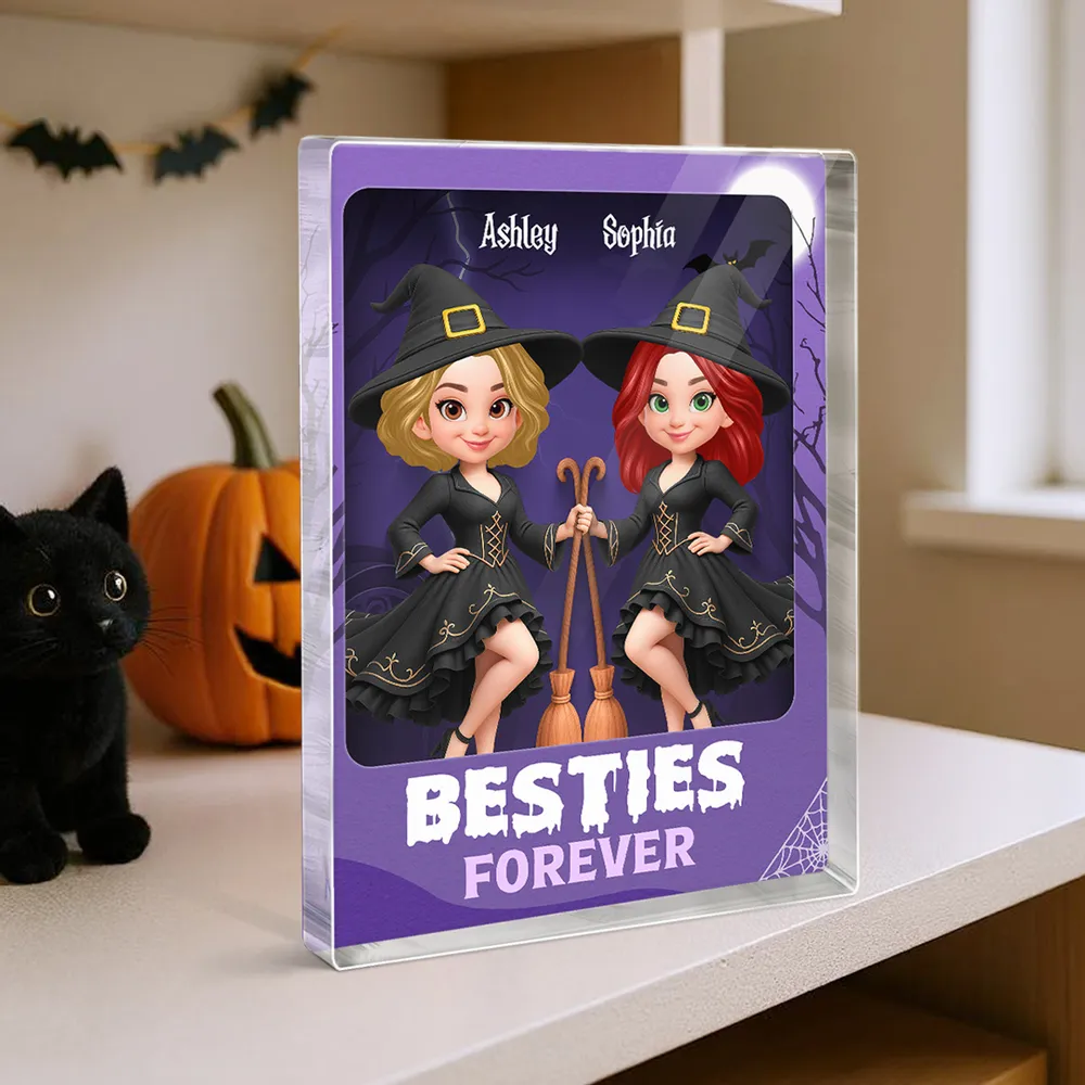 Best Friends Witch Theme Rectangle Acrylic Block Plaque, Halloween Décor and Friendship Gift
