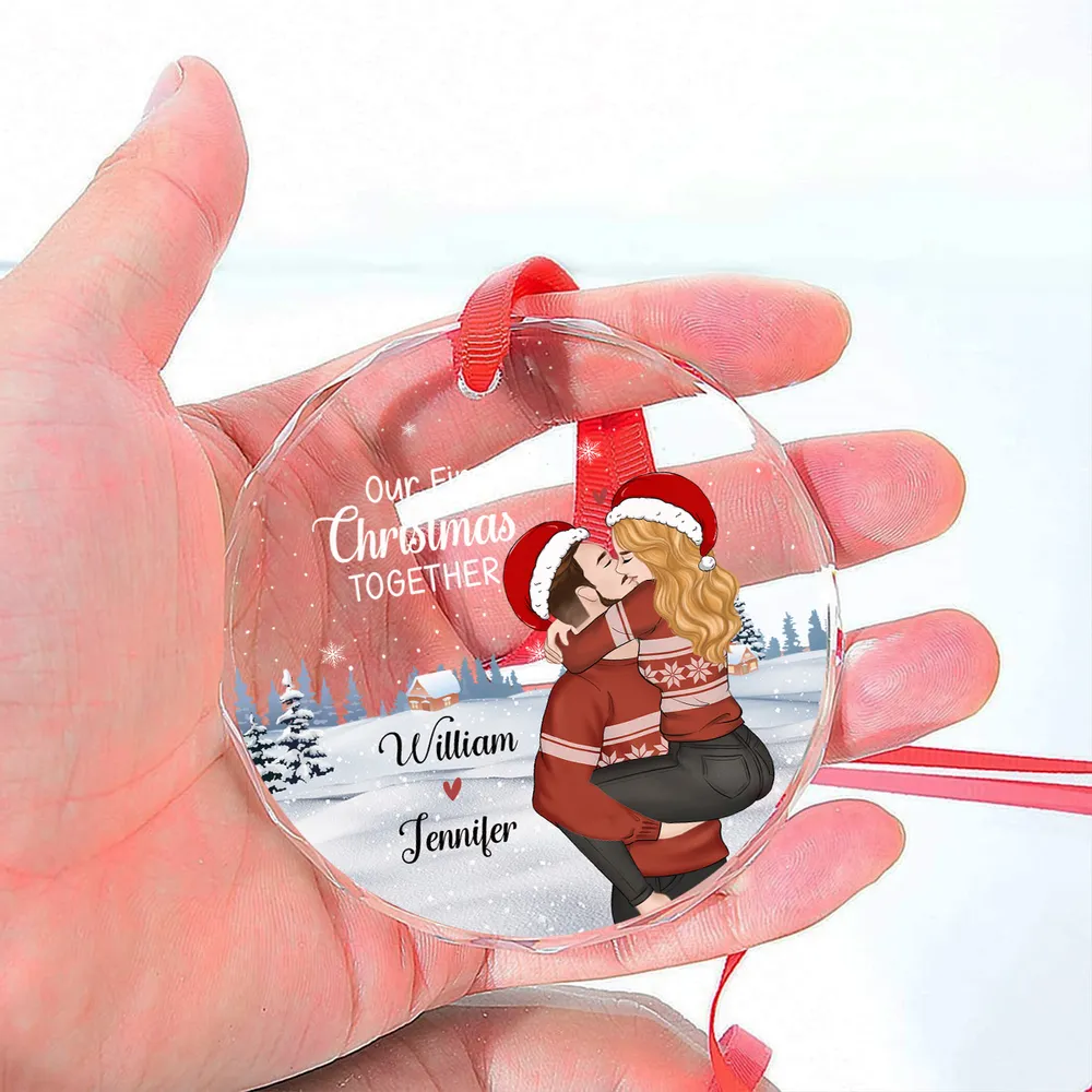 Crystal Ornament with Romantic Couple Illustration, Cozy Holiday Vibes, Perfect Gift for Couples - Image 3
