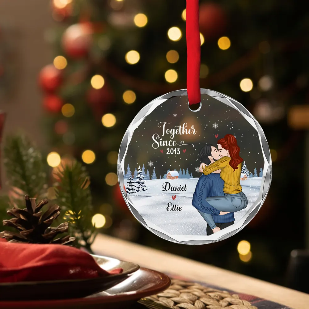 Crystal Ornament with Romantic Couple Illustration, Cozy Holiday Vibes, Perfect Gift for Couples - Image 4