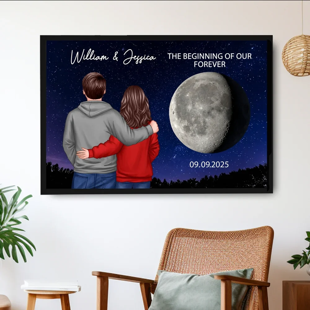 Poster with Couple Back View and Moon Design, Romantic Keepsake and Perfect Gift Choice
