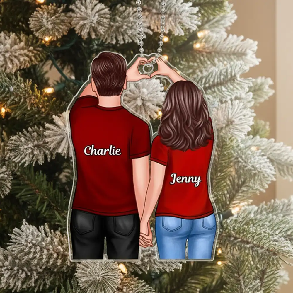 Couple Ornament with Back View and Heart Gesture, Romantic Hand-in-Hand Design, Perfect Holiday Gift