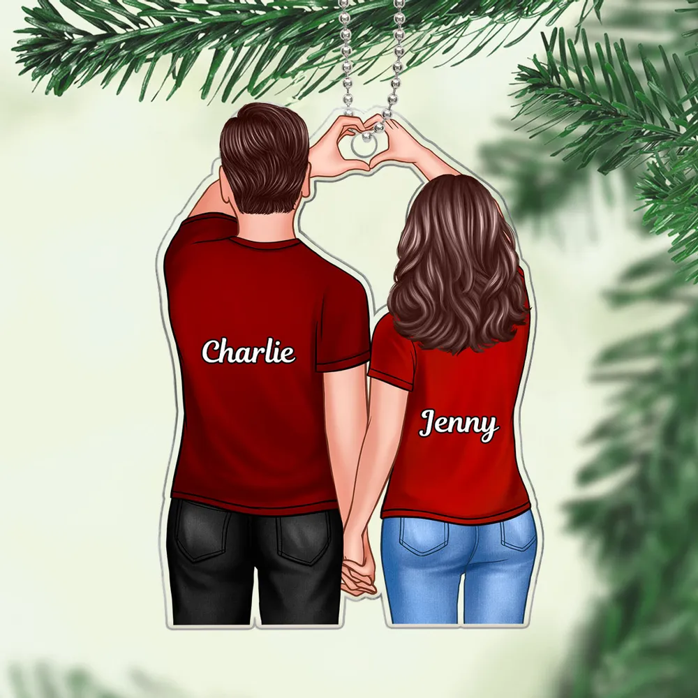 Couple Ornament with Back View and Heart Gesture, Romantic Hand-in-Hand Design, Perfect Holiday Gift - Image 2