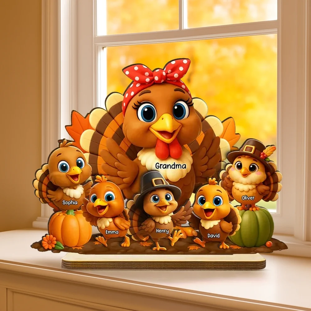 Fall Season Wooden Plaque with Adorable Turkey Family Artwork, Cozy Décor, Perfect Gift for Grandma