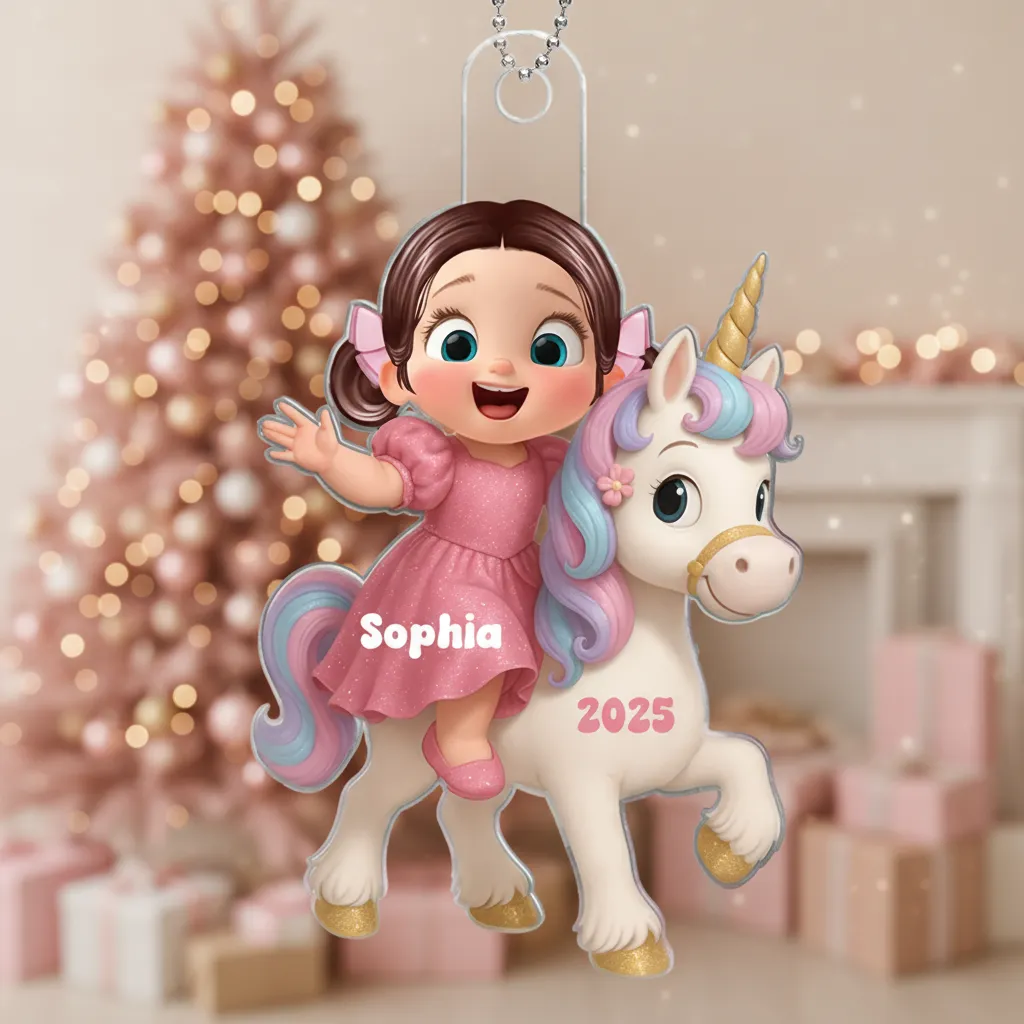 Acrylic Ornament with Girl & Unicorn Cartoon Design, Dreamy Pink Holiday Style, Perfect Gift for Kids and Family