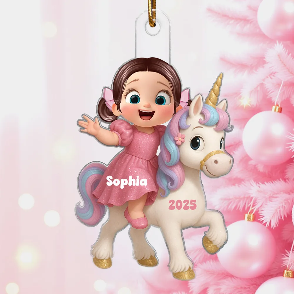 Acrylic Ornament with Girl & Unicorn Cartoon Design, Dreamy Pink Holiday Style, Perfect Gift for Kids and Family - Image 2
