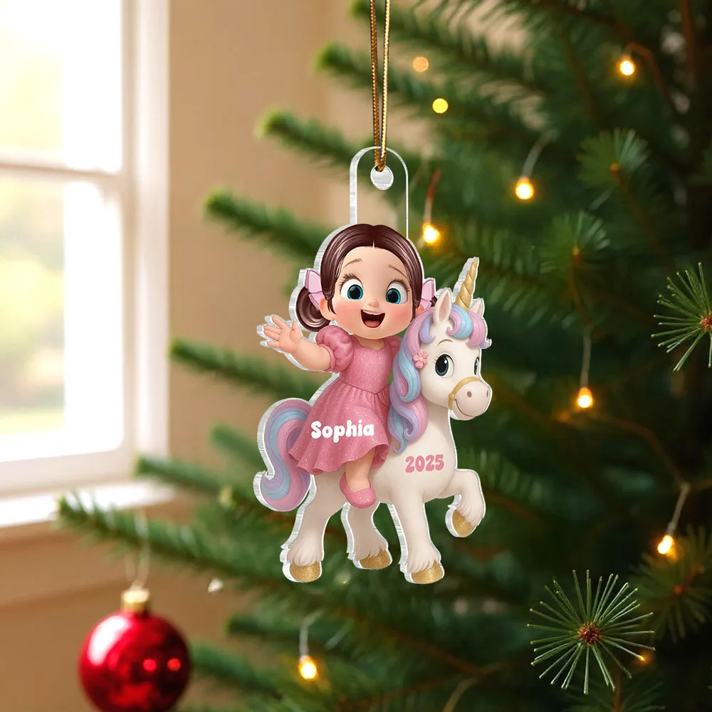 Acrylic Ornament with Girl & Unicorn Cartoon Design, Dreamy Pink Holiday Style, Perfect Gift for Kids and Family - Image 3