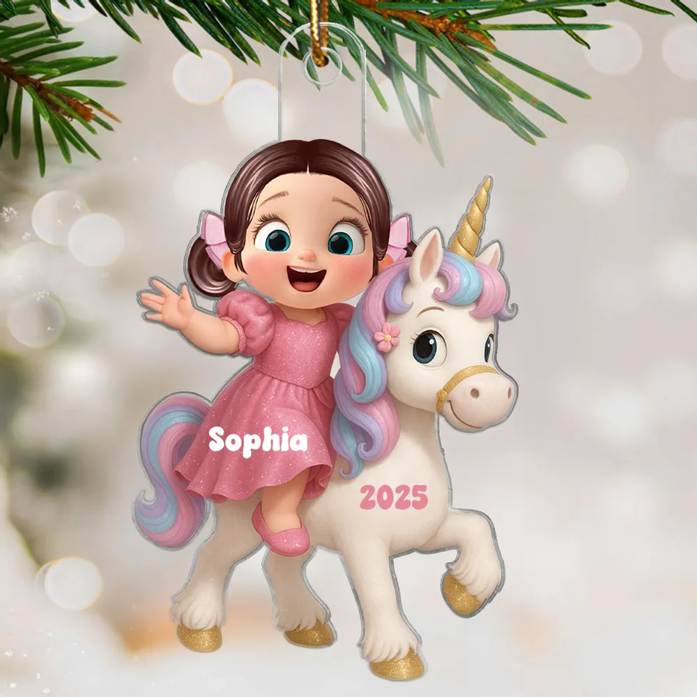 Acrylic Ornament with Girl & Unicorn Cartoon Design, Dreamy Pink Holiday Style, Perfect Gift for Kids and Family - Image 5