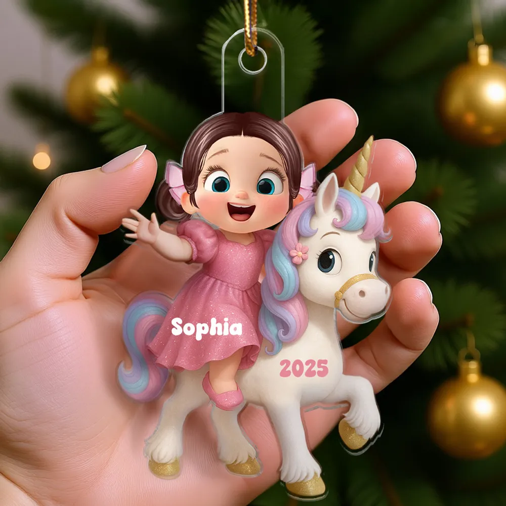 Acrylic Ornament with Girl & Unicorn Cartoon Design, Dreamy Pink Holiday Style, Perfect Gift for Kids and Family - Image 6